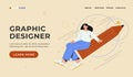 Graphic designer landing page. Woman flies on a big pencil and doing creative work. Vector flat cartoon illustration Royalty Free Stock Photo