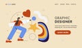 Graphic designer landing page. Woman holding big pencil and doing creative work. Vector flat cartoon illustration