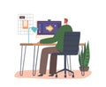 Graphic Designer Male Character Create Logo Sitting at Desk with Computer. Creative Man Work On Digital Designs