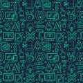 Graphic designer profession seamless pattern with turquoise linear icons.