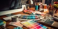 In a graphic designer's workspace, an array of object tools and color swatch samples are neatly arranged. The tools Royalty Free Stock Photo