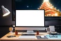 Graphic designer`s workspace with a pen tablet, a computer and white backgroud for text with Moon smiling view from the window Royalty Free Stock Photo