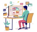 Graphic designer using AI technology for work vector illustration