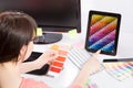 Graphic designer at work. Color samples. Royalty Free Stock Photo