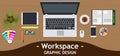 Graphic designer workspace office. Creative desk work vector. Business design art table studio concept top view. Flat color backgr Royalty Free Stock Photo