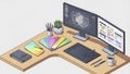 Graphic Designers Workspace with Dual Monitors and Creative Tools Royalty Free Stock Photo