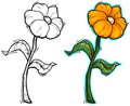 Graphic detailed cartoon orange flower with stem