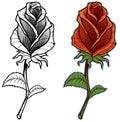 Graphic detailed cartoon red rose with stem