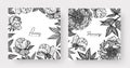 Graphic detailed frame with peony flowers and leaves. Two design templates for overlay your text, call-to-action, print, web desig