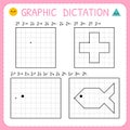 Graphic dictation. Kindergarten educational game for kids. Preschool worksheets for practicing motor skills. Working pages for Royalty Free Stock Photo