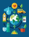 A graphic displaying the different environmental impacts of a product at different stages of its lifecycle.. Vector