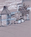 Graphic drawing barbecue area with oven and flowerpots with flowers