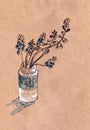 Graphic drawing of blooming muscari in a jar of water