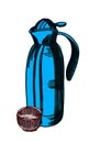 Graphic drawing of a blue thermos and bowl