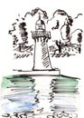 Graphic drawing of a lighthouse on the shore