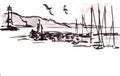 Graphic drawing of a lighthouse, yachts and seagulls on Lake Geneva