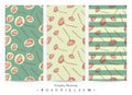 Set of seamless patterns with red Poppy flowers and green stripes on yellow background