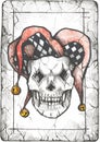 Skull. Graphic drawing of a skull in a clown cap with bells for Tattu and decoration.