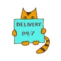 A graphic drawing of a striped ginger cat in a medical mask sits with turquoise box. on the boxes it is written - delivery 24 7