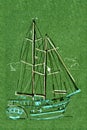 Graphic drawing yacht sailboat on a green background