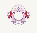 Graphic emblem created with Brave Lion King, ancient key and beautiful ribbon.Heraldic Coat of Arms decorative logo isolated