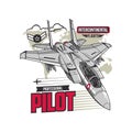 Graphic emblem featuring a fighter jet with professional pilot and intercontinental flight themes
