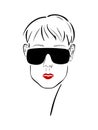 Graphic face of a girl in glasses with a cartilaginous earring and red lips. Vector drawing of a fashion sketch.