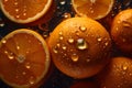 Fresh oranges on a dark background, some whole and some cut in half, covered in water droplets.