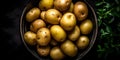 Potatoes on a dark background, giving them an elegant and minimalist appearance.