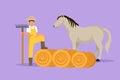 Graphic flat design draw rancher working in farmyard. Male farmer feeding horse with hay. Livestock technician working with