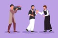 Graphic flat design drawing active Arab male journalist take interview. TV host or reporter, cameraman questioning Arabian man.