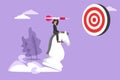 Graphic flat design drawing active businesswoman holding dart arrow while riding chess knight piece, strategic. Success manager