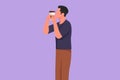 Graphic flat design drawing active handsome man standing and kissing disposable coffee cup or paper cup. Coffee product studio