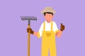 Graphic flat design drawing active male farmer holding rake with thumbs up gesture and wearing straw hat to working on the farm.