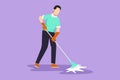 Graphic flat design drawing active man mopping floor in uniform. Attractive male cleaner janitor cleaning the office. Cleaning