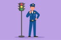 Graphic flat design drawing active policeman standing near traffic light with a thumbs up gesture and in full uniform works to Royalty Free Stock Photo