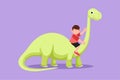 Graphic flat design drawing adorable little boy caveman riding brontosaurus. Young bravery kids sitting on back of dinosaur.