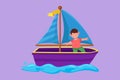 Graphic flat design drawing adorable little boy in sailboat at beach. Happy kids sailing boat at small lake. Children on boat at Royalty Free Stock Photo