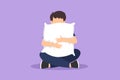 Graphic flat design drawing adorable little boy sitting and holding pillow ready to sleep. Happy child wearing pajamas going to