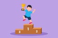 Graphic flat design drawing of adorable little boy standing on podium as sport competition winner. Championship celebration Royalty Free Stock Photo