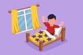 Graphic flat design drawing of adorable little boy wake up and still yawning, still lying in bed under blanket. Sleepy child on