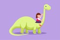 Graphic flat design drawing adorable little girl caveman riding brontosaurus. Young bravery kids sitting on back of dinosaur.