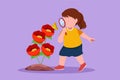 Graphic flat design drawing adorable little girl using magnifying glass and observing butterfly on leaf. Children observing nature Royalty Free Stock Photo