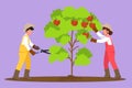 Graphic flat design drawing agriculture gardeners take care of tree on garden. Couple farmers planting together. Man with scissors Royalty Free Stock Photo