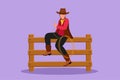 Graphic flat design drawing American cowboy with lasso rope sitting on a wooden fence with wild west sunset landscape in the Royalty Free Stock Photo