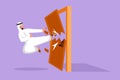 Graphic flat design drawing Arab businessman kicks the door with flying kick until door shattered. Man kicking locked door.