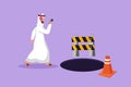 Graphic flat design drawing Arab businessman listen music with headphone and walking on street, watching smartphone, did not see