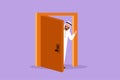 Graphic flat design drawing Arab businessman looking from behind open door. Happy man peeking of door and wave hands. Male