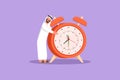 Graphic flat design drawing Arab businessman, manager or employee stand and hugging big clock. Time management, watch, time to