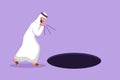 Graphic flat design drawing Arab businessman scream into pit hole. Man wondering and looking at big hole, business concept in Royalty Free Stock Photo